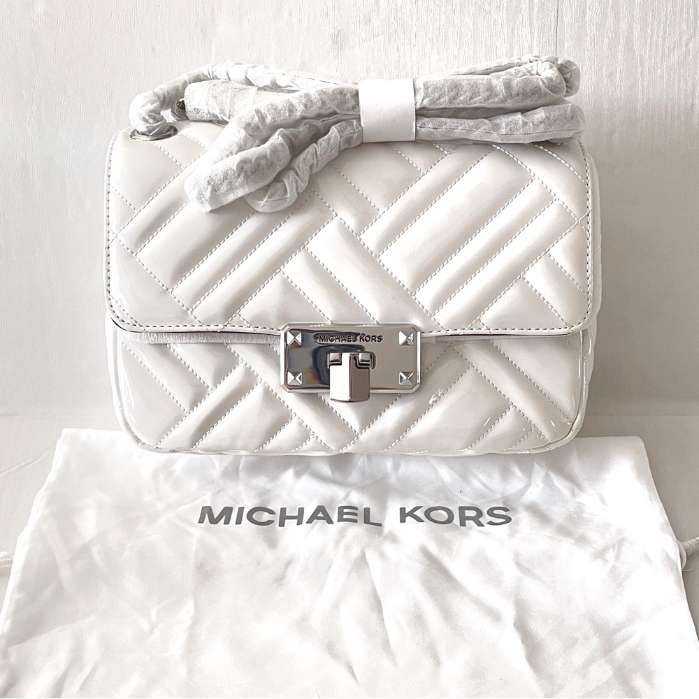 Michael Kors Peyton Medium Flap Vegan Faux Leather Crossbody Bag in White Patent